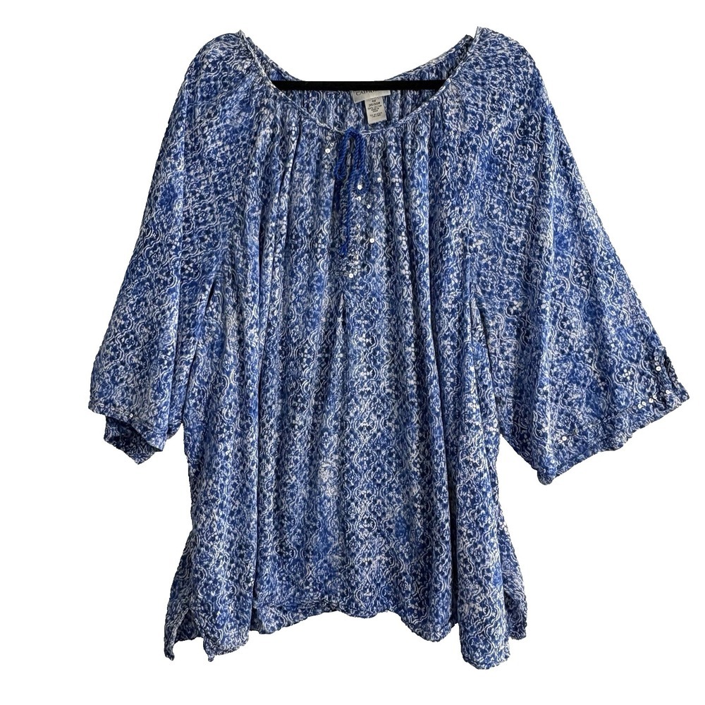 CATHERINES Women Pullover Sequin Accents Tunic Blouse Sz 4X Blue 5-8